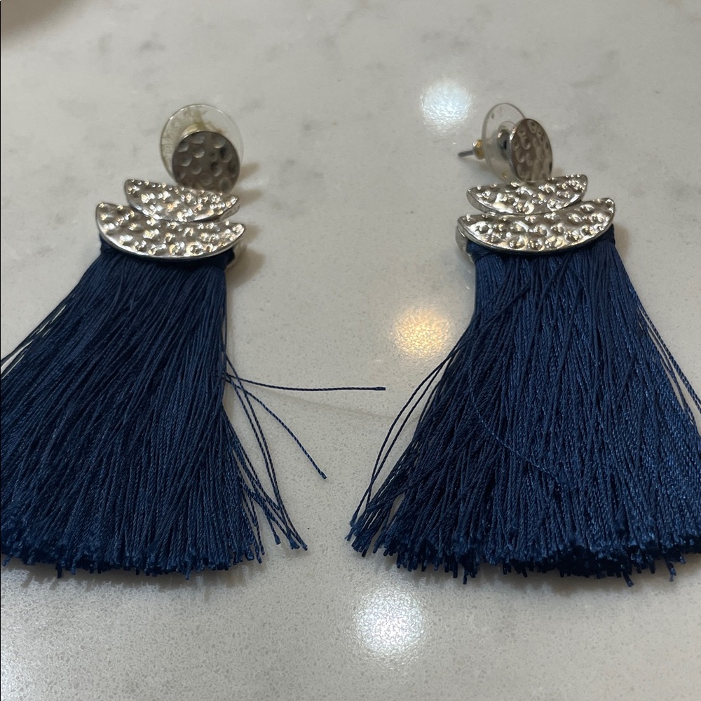 Elegant Silver and Blue Tassel Earrings